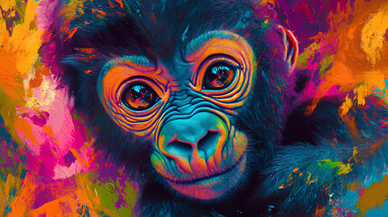 Close up of a colorful, psychedelic neon colored baby gorilla