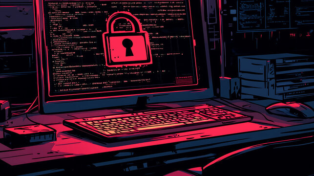 Modern computer with a red lock icon on screen, surrounded by dark code and technology