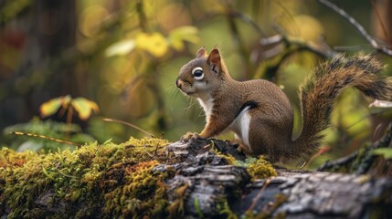 Naklejka premium A curious squirrel explores a moss-covered log in a lush forest during a serene morning