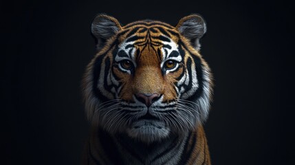 Fototapeta premium A fierce and majestic tiger gazes directly into the camera, showcasing its powerful presence in a dark studio setting