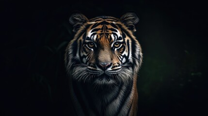 Fototapeta premium A fierce and majestic tiger gazes directly into the camera, showcasing its powerful presence in a dark studio setting