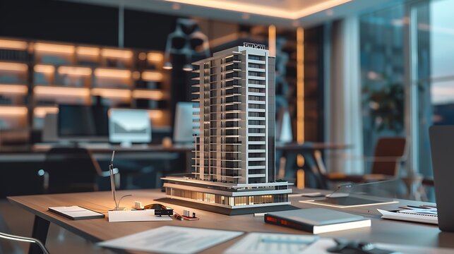A sleek 3D render of a futuristic small skyscraper building model on a table in a real estate agency office. The setting includes detailed elements like contract documents being signed, highlighting