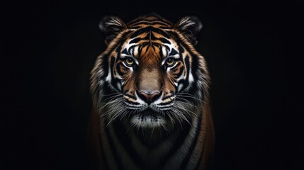 Fototapeta premium A fierce and majestic tiger gazes directly into the camera, showcasing its powerful presence in a dark studio setting