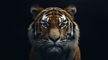 Fototapeta premium A fierce and majestic tiger gazes directly into the camera, showcasing its powerful presence in a dark studio setting