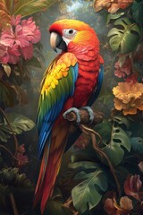 Obraz premium Vibrant Scarlet Macaw Perched Amidst Lush Tropical Foliage in a Colorful Jungle Setting