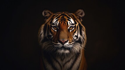 Fototapeta premium A fierce and majestic tiger gazes directly into the camera, showcasing its powerful presence in a dark studio setting