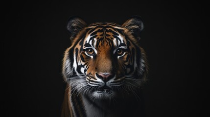 Fototapeta premium A fierce and majestic tiger gazes directly into the camera, showcasing its powerful presence in a dark studio setting