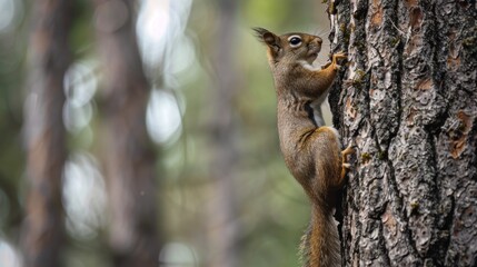 A squirrel skillfully climbs a tree trunk while playfully navigating the dense forest backdrop