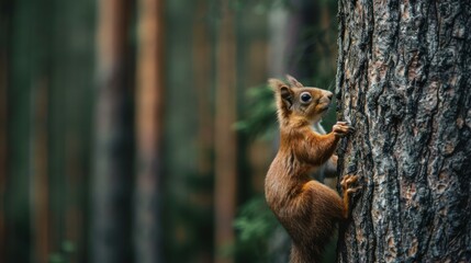 A squirrel skillfully climbs a tree trunk while playfully navigating the dense forest backdrop