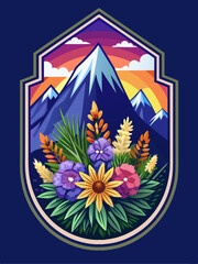 Mountain Sunset with Blooming Flowers in a Hexagon Frame