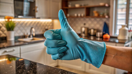 blue rubber glove giving a thumbs-up gesture in a kitchen
