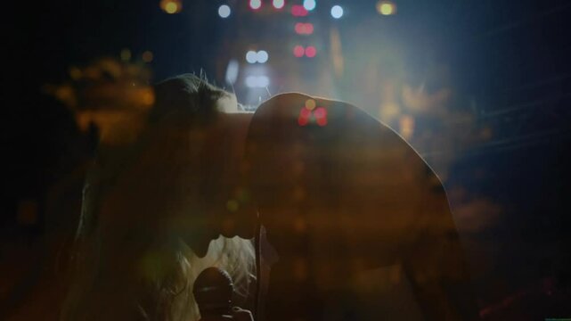 Singing into microphone, person over city lights animation