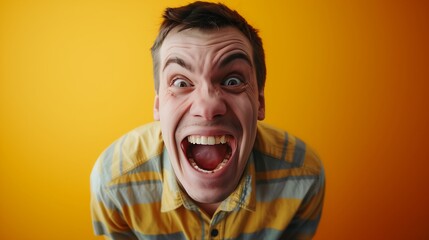 Excited Man Screaming with Wide Open Mouth on Yellow Background