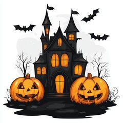 Fototapeta premium A charming cartoon illustration of a spooky haunted house with glowing windows, two jack-o'-lantern pumpkins, and bats flying around. The scene evokes a whimsical and festive Halloween atmosphere, per