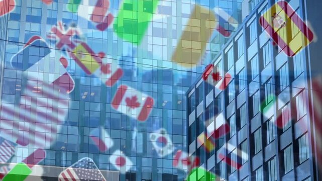 Flags of various countries animation over modern glass office buildings