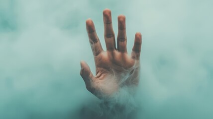 A hand emerging from soft, ethereal fog, symbolizing hope and connection in a dreamlike atmosphere.