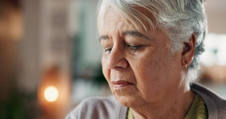 Old woman, worry and thinking on future in home, decision fail and retirement planning depression. Senior person, Alzheimer and anxiety for brain fog or dementia, regret mistake and memory crisis