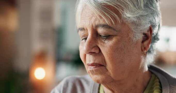 Old woman, worry and thinking on future in home, decision fail and retirement planning depression. Senior person, Alzheimer and anxiety for brain fog or dementia, regret mistake and memory crisis