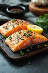 Fresh salmon steak with a lemon wedge and herbs, omega-3 rich food, brain health focus.
