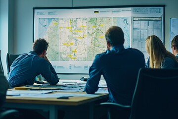 A crisis response team reviewing a disaster plan and assigning roles. Office with maps and emergency response plans