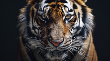 Naklejka premium A close-up view of a tiger's face, showcasing its striking orange fur, intense eyes, and distinctive black stripes. 