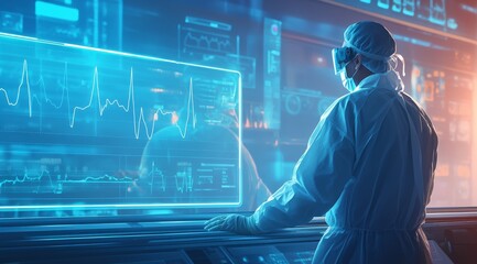 A digital artwork depicting an AI medical doctor wearing a futuristic visor, examining a patient's data on a large digital screen. This symbolizes the role of AI in healthcare, advanced medical techno