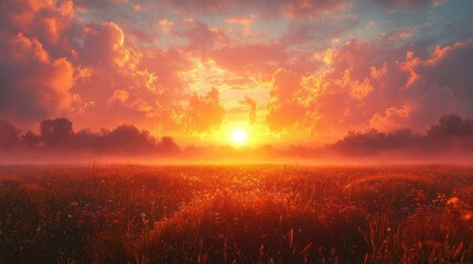 A sunrise over a misty field, with the first light of day breaking through the fog