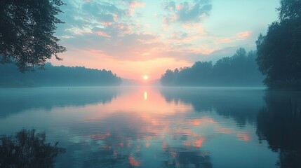 A tranquil lakeside at sunset, with soft pastel skies and gentle ripples on the water