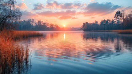 Obraz premium A tranquil lakeside at sunset, with soft pastel skies and gentle ripples on the water