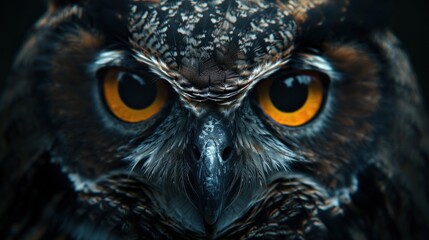 Fototapeta premium An owl's intense gaze illuminated by dramatic lighting, showcasing captivating features and a mysterious aura