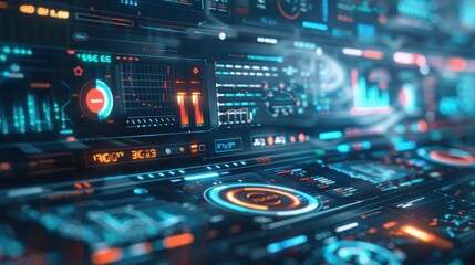 Futuristic digital interface with holographic data and advanced technology symbols, showcasing innovation and tech advancements.