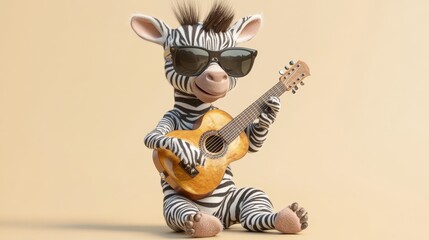 A fun and whimsical image of a zebra wearing sunglasses playing a guitar. The zebra is smiling, suggesting a carefree and happy mood. The isolated background allows for easy integration into various d