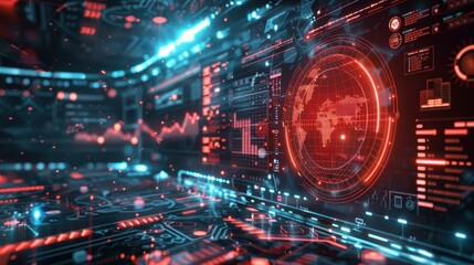 Futuristic digital interface with world map hologram and data charts, representing technology and global connectivity.