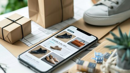 E-commerce website mockup on a mobile phone with product images, online shopping experience, responsive web design