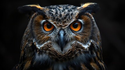 Obraz premium An owl's intense gaze illuminated by dramatic lighting, showcasing captivating features and a mysterious aura