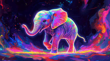 Close up of a colorful, psychedelic neon baby elephant