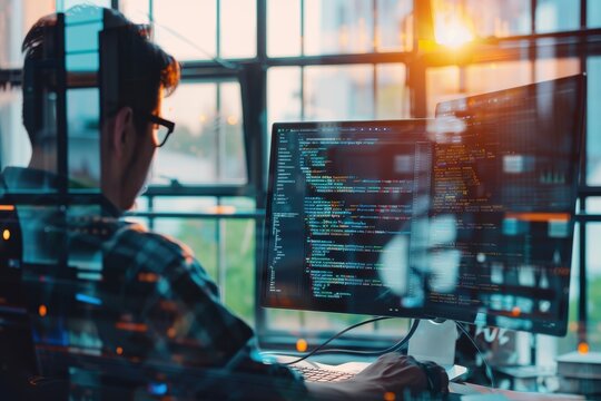Software developer working on code at a computer in a modern office with sunlight streaming through the windows. Tech programmer coding.