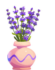 Lavender flowers arranged in a decorative, glossy pink vase with a purple wave pattern. Isolated cartoon vector arrangement of vibrant fresh purple blossoms conveys springtime feel for home decoration