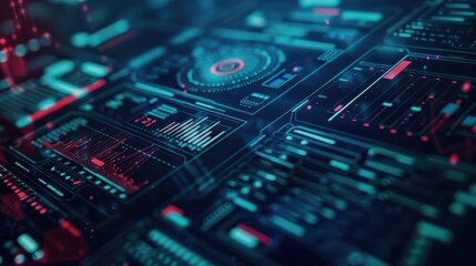 Futuristic digital interface with data visualization and analytics displayed on screens, showcasing technology and information management.