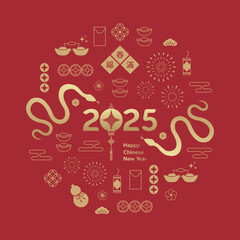 Happy New Year 2025 design in Chinese style. Red traditional Chinese design with snake zodiac sign, Chinese elements. For banner, poster, greeting card. (Chinese Translation: Spring and Blessing)