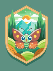 Obraz premium A Cute Cartoon Butterfly in a Mountain Landscape Framed by a Wooden Shield