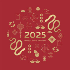 Happy New Year 2025 design in Chinese style. Red traditional Chinese design with snake zodiac sign, Chinese elements. For banner, poster, greeting card. (Chinese Translation: Spring and Blessing)