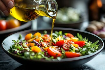 Hand pouring olive oil over a fresh salad, healthy fats for brain health, Mediterranean diet concept.