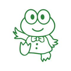 A cheerful green cartoon frog wearing a bow tie, depicted in a playful line illustration.