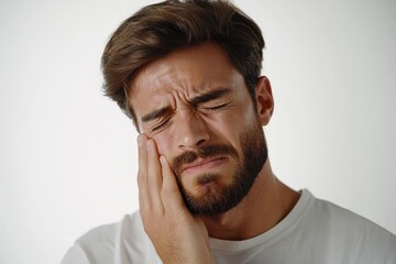 Obraz premium A man is holding his cheek in pain, his eyes are closed and he is grimacing. This image represents pain, discomfort, dental health, and the need for medical attention.