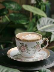 Elegant floral teacup with latte art on saucer.