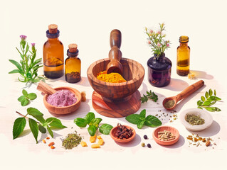 Preparing an Ayurvedic treatment, including grinding herbs and mixing elixirs, set against a clean, white background.