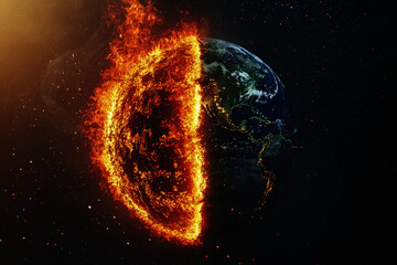 A dramatic illustration of planet earth in the midst of exploding due to the impact of climate change, fire, smoke and clouds
