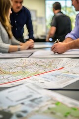 A crisis response team reviewing a disaster plan and assigning roles. Office with maps and emergency respons