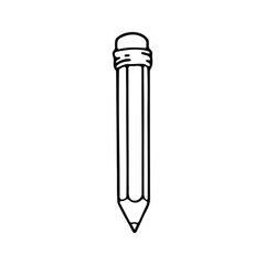 A clean black and white outline of a pencil, featuring a classic cylindrical shape with an eraser at the top.